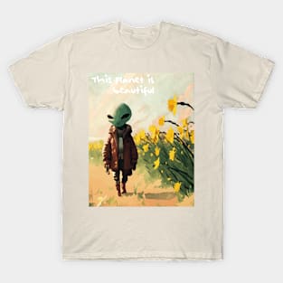 Alien walking through a vast field of yellow daffodils 2 T-Shirt